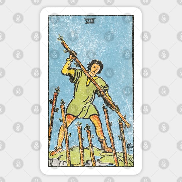 Seven of wands tarot card (distressed) Sticker by Nate's World of Tees